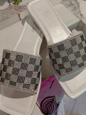 White Rhinestone Checkered Slide Sandals